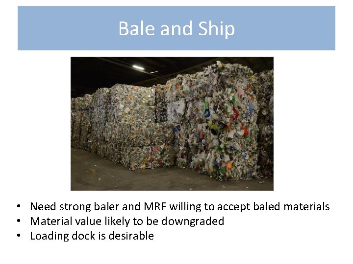 Bale and Ship • Need strong baler and MRF willing to accept baled materials