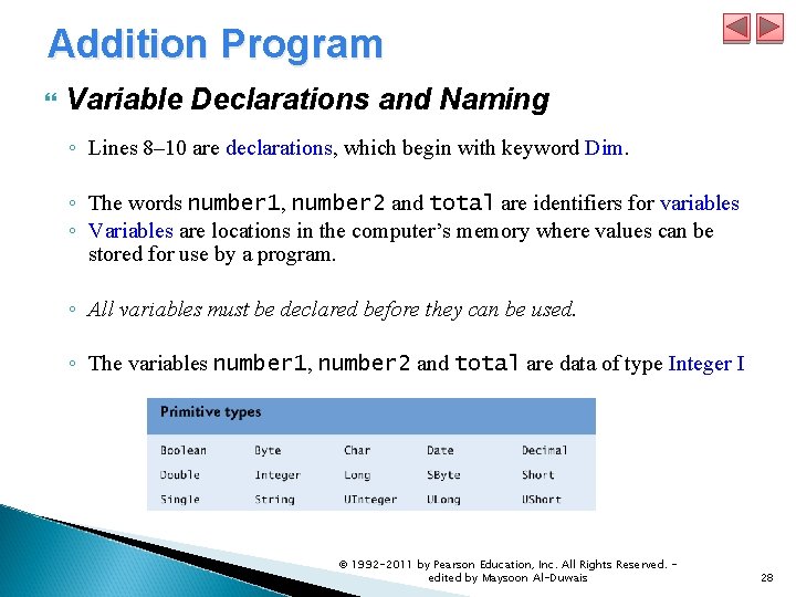 Addition Program Variable Declarations and Naming ◦ Lines 8– 10 are declarations, which begin Addition Program Variable Declarations and Naming ◦ Lines 8– 10 are declarations, which begin