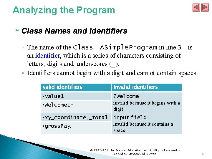 Analyzing the Program Class Names and Identifiers ◦ The name of the Class—ASimple. Program Analyzing the Program Class Names and Identifiers ◦ The name of the Class—ASimple. Program
