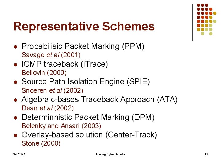 Representative Schemes l Probabilisic Packet Marking (PPM) Savage et al (2001) l ICMP traceback
