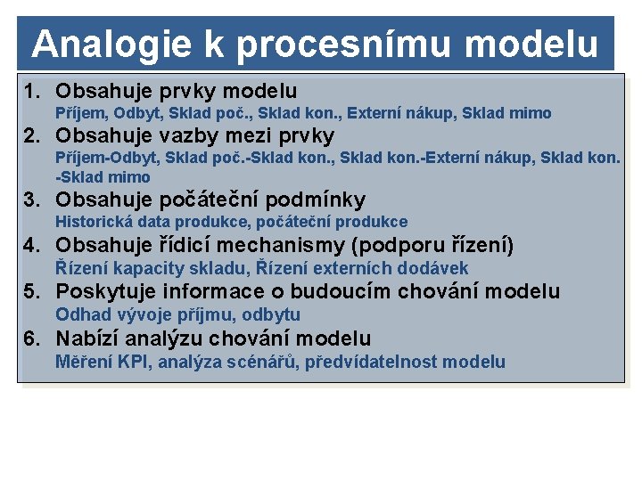 Analogie k procesnímu modelu 1. Obsahuje prvky modelu Příjem, Odbyt, Sklad poč. , Sklad