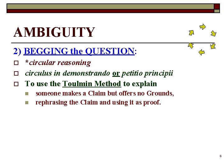 AMBIGUITY 2) BEGGING the QUESTION: o o o *circular reasoning circulus in demonstrando or