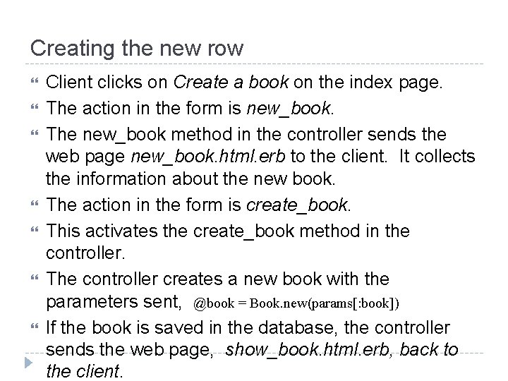 Creating the new row Client clicks on Create a book on the index page.