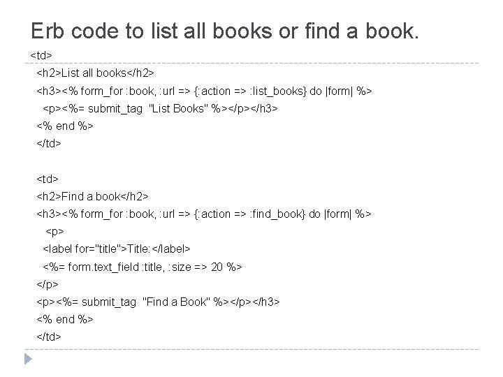 Erb code to list all books or find a book. <td> <h 2>List all