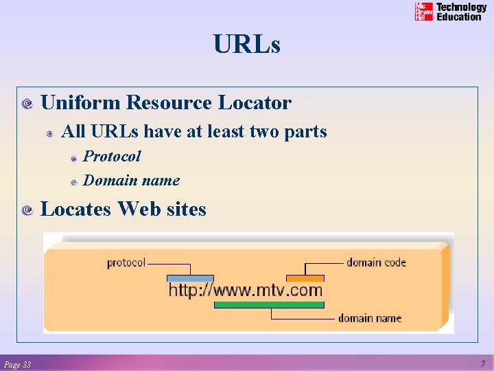 URLs Uniform Resource Locator All URLs have at least two parts Protocol Domain name