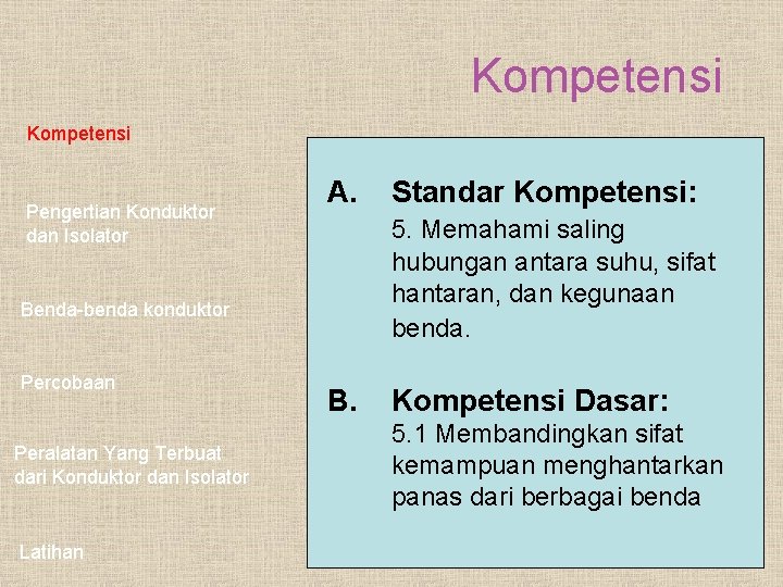 Kompetensi Pengertian Konduktor dan Isolator A. 5. Memahami saling hubungan antara suhu, sifat hantaran,