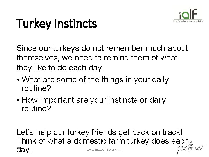 Turkey Instincts Since our turkeys do not remember much about themselves, we need to