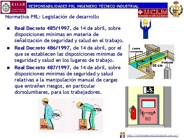 RESPONSABILIDADES PRL INGENIERO TÉCNICO INDUSTRIAL Normativa PRL: Legislación de desarrollo n n n Real