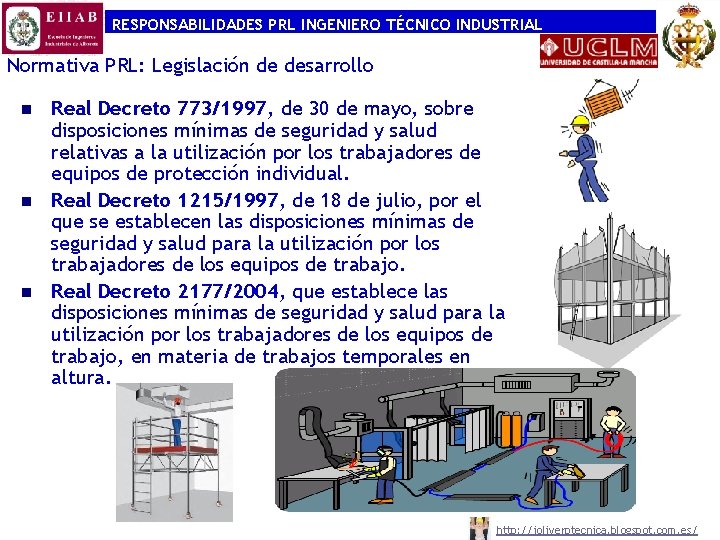 RESPONSABILIDADES PRL INGENIERO TÉCNICO INDUSTRIAL Normativa PRL: Legislación de desarrollo n n n Real