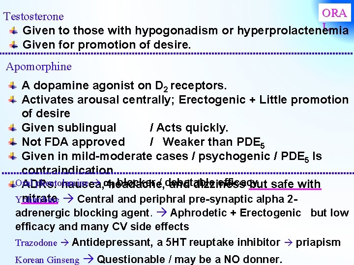 ORA Testosterone L Given to those with hypogonadism or hyperprolactenemia Given for promotion of