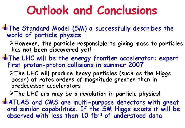 Outlook and Conclusions The Standard Model (SM) a successfully describes the world of particle
