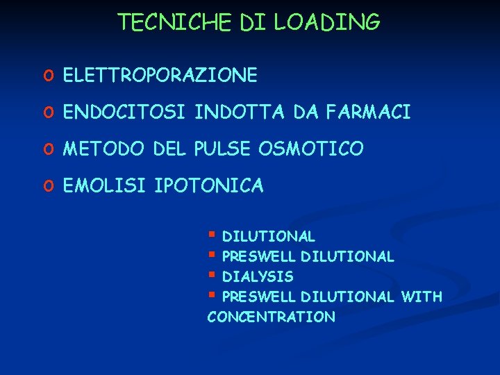 TECNICHE DI LOADING o ELETTROPORAZIONE o ENDOCITOSI INDOTTA DA FARMACI o METODO DEL PULSE