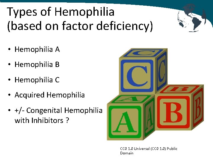 Types of Hemophilia (based on factor deficiency) • Hemophilia A • Hemophilia B •