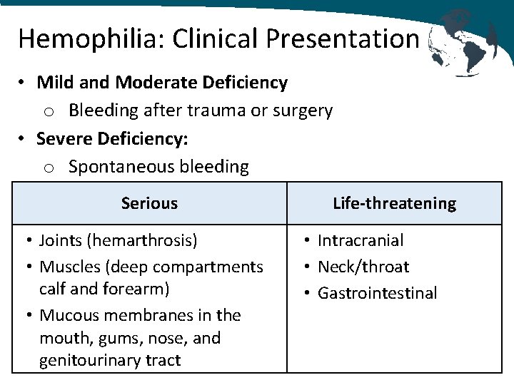 Hemophilia: Clinical Presentation • Mild and Moderate Deficiency o Bleeding after trauma or surgery Hemophilia: Clinical Presentation • Mild and Moderate Deficiency o Bleeding after trauma or surgery