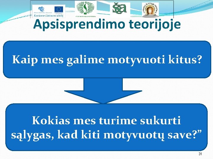 Apsisprendimo teorijoje Kaip mes galime motyvuoti kitus? Kokias mes turime sukurti sąlygas, kad kiti
