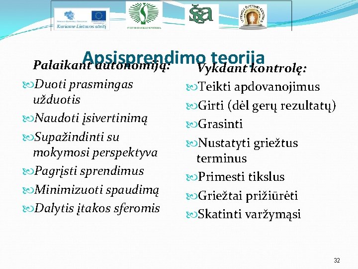 Apsisprendimo teorija Palaikant autonomiją: Vykdant kontrolę: Duoti prasmingas Teikti apdovanojimus užduotis Girti (dėl gerų