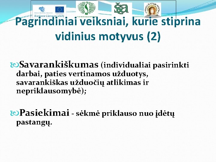 Pagrindiniai veiksniai, kurie stiprina vidinius motyvus (2) Savarankiškumas (individualiai pasirinkti darbai, paties vertinamos užduotys,