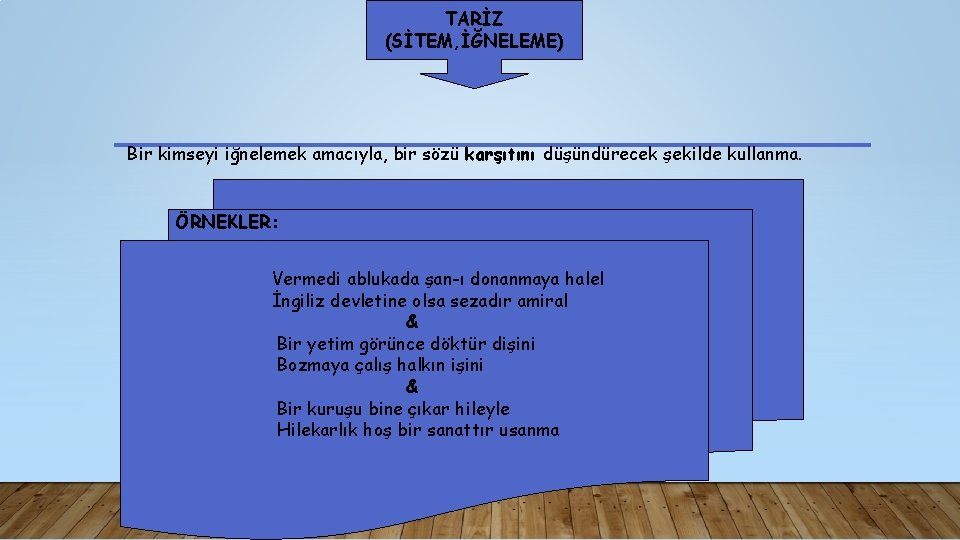 TARİZ (SİTEM, İĞNELEME) Bir kimseyi iğnelemek amacıyla, bir sözü karşıtını düşündürecek şekilde kullanma. ÖRNEKLER: