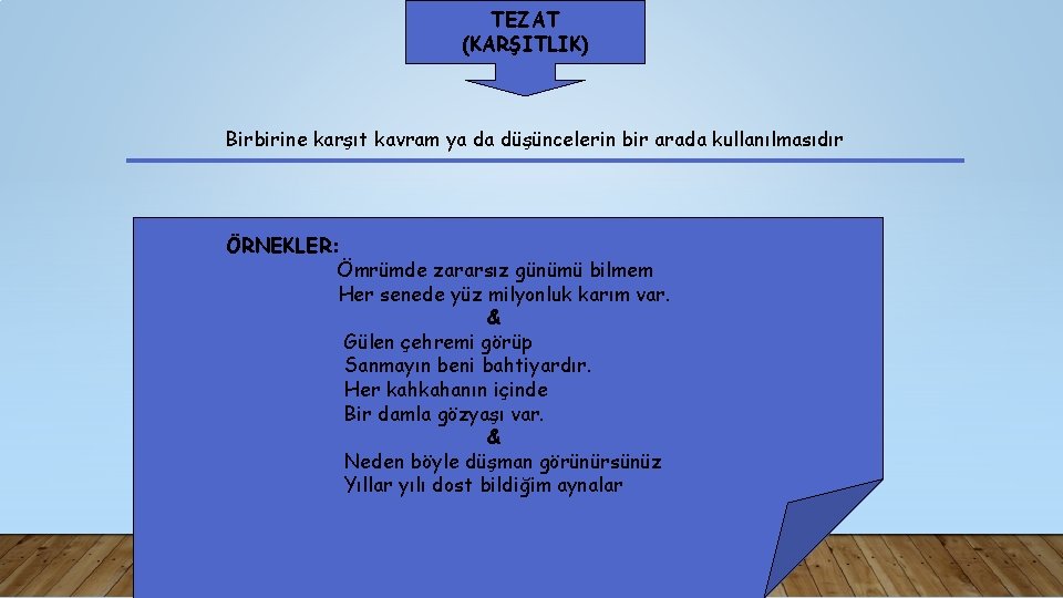 TEZAT (KARŞITLIK) Birbirine karşıt kavram ya da düşüncelerin bir arada kullanılmasıdır ÖRNEKLER: Ömrümde zararsız