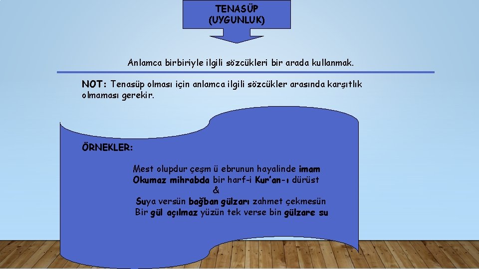 TENASÜP (UYGUNLUK) Anlamca birbiriyle ilgili sözcükleri bir arada kullanmak. NOT: Tenasüp olması için anlamca