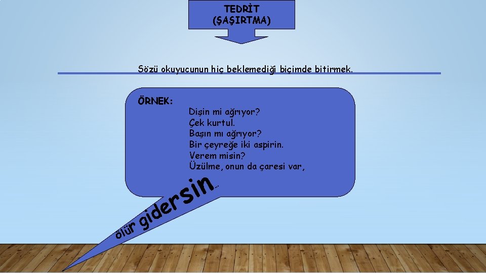 TEDRİT (ŞAŞIRTMA) Sözü okuyucunun hiç beklemediği biçimde bitirmek. ÖRNEK: ü Öl r e d