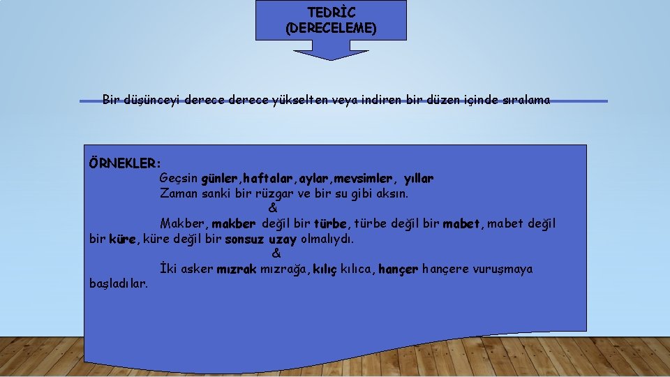 TEDRİC (DERECELEME) Bir düşünceyi derece yükselten veya indiren bir düzen içinde sıralama ÖRNEKLER: Geçsin