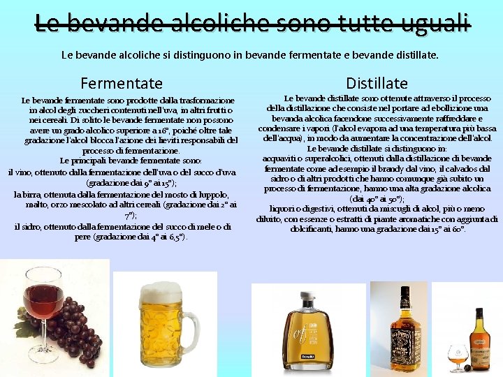 Le bevande alcoliche sono tutte uguali Le bevande alcoliche si distinguono in bevande fermentate