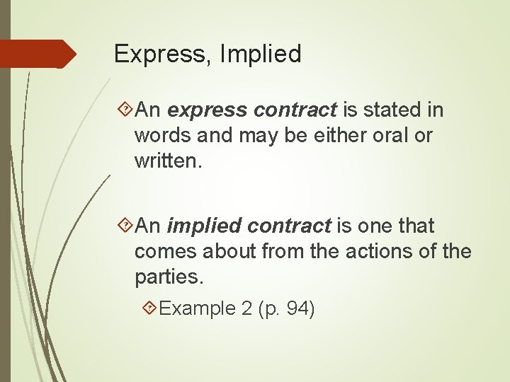Express, Implied An express contract is stated in words and may be either oral