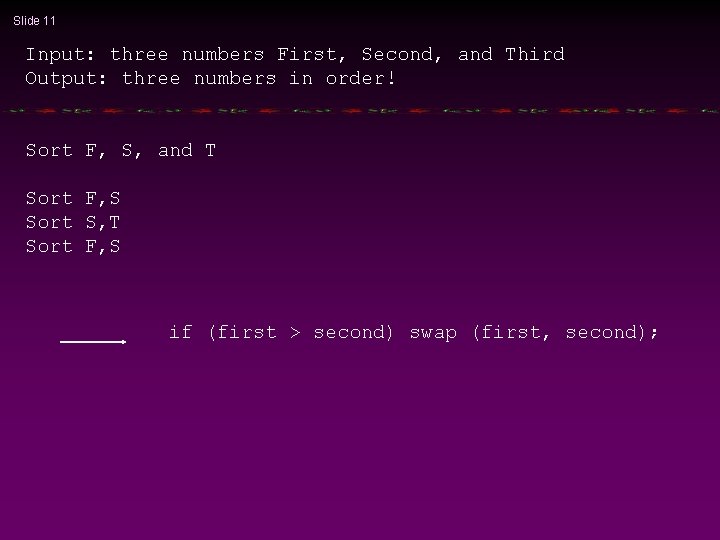 Slide 11 Input: three numbers First, Second, and Third Output: three numbers in order!