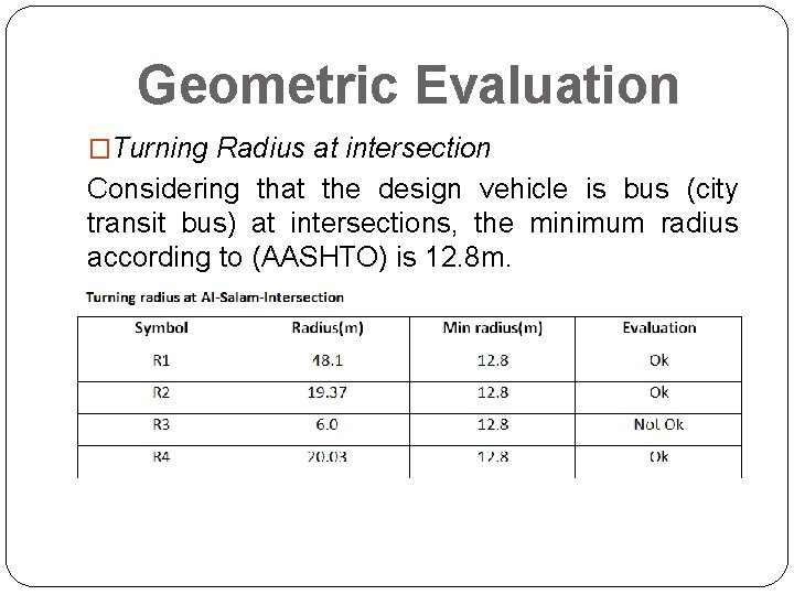 Geometric Evaluation �Turning Radius at intersection Considering that the design vehicle is bus (city Geometric Evaluation �Turning Radius at intersection Considering that the design vehicle is bus (city