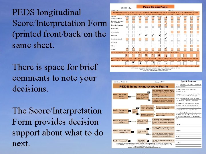 PEDS longitudinal Score/Interpretation Form (printed front/back on the same sheet. There is space for