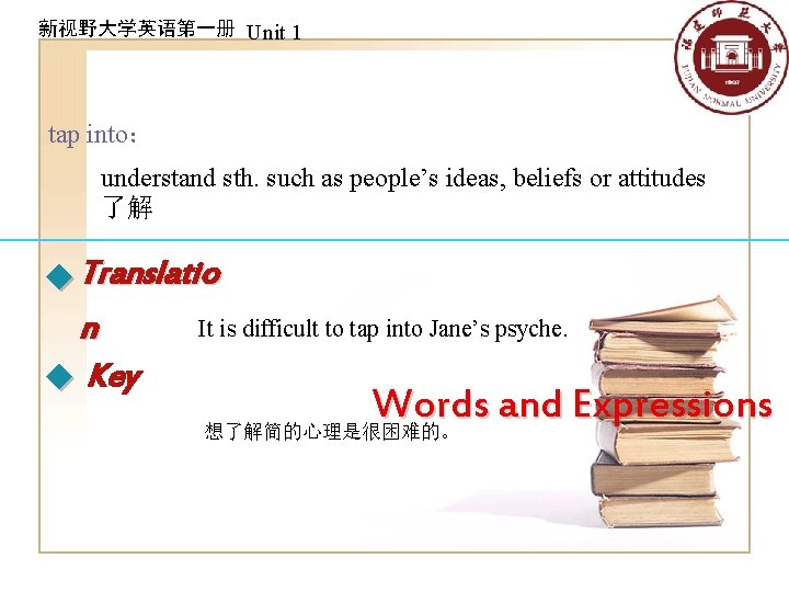 新视野大学英语第一册 Unit 1 tap into： understand sth. such as people’s ideas, beliefs or attitudes