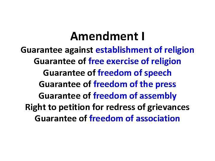 Amendment I Guarantee against establishment of religion Guarantee of free exercise of religion Guarantee