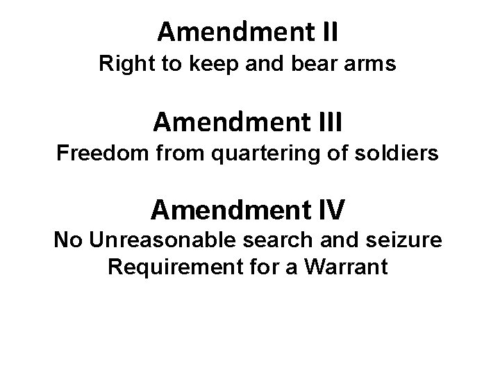 Amendment II Right to keep and bear arms Amendment III Freedom from quartering of