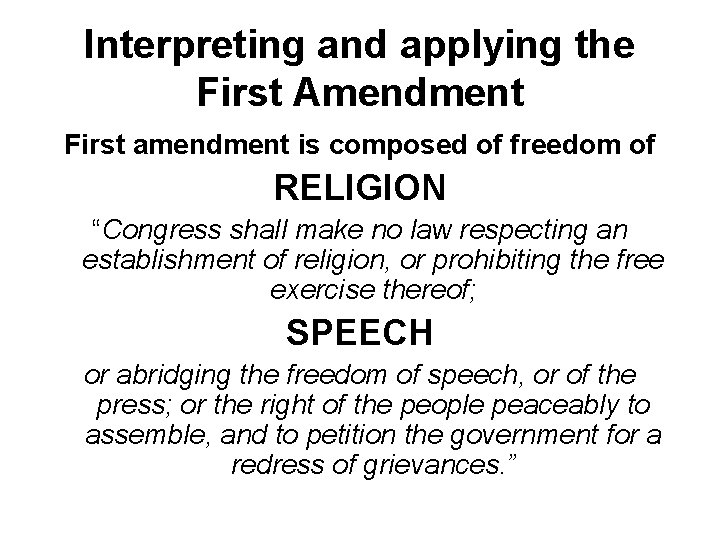 Interpreting and applying the First Amendment First amendment is composed of freedom of RELIGION