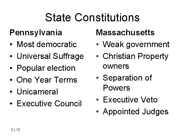 State Constitutions Pennsylvania • Most democratic • Universal Suffrage • Popular election • One