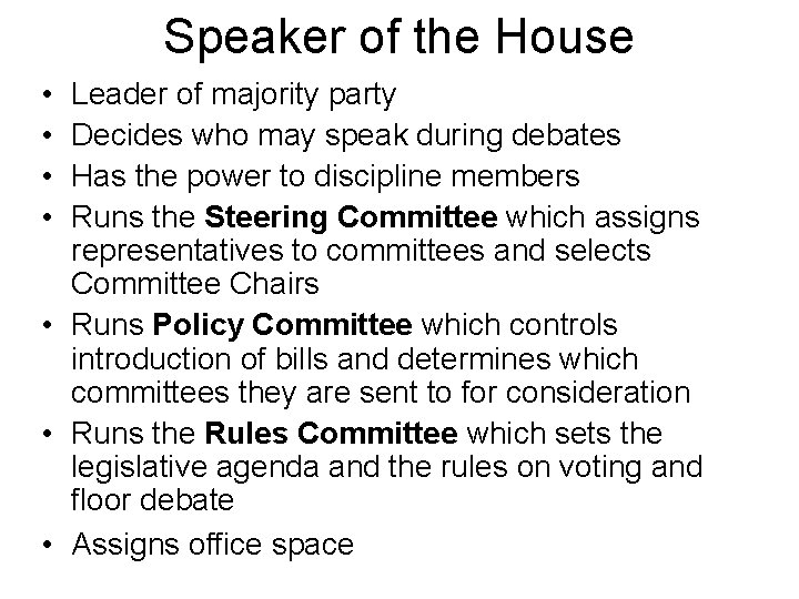 Speaker of the House • • Leader of majority party Decides who may speak