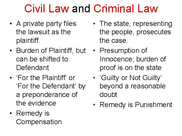 Civil Law and Criminal Law • A private party files the lawsuit as the