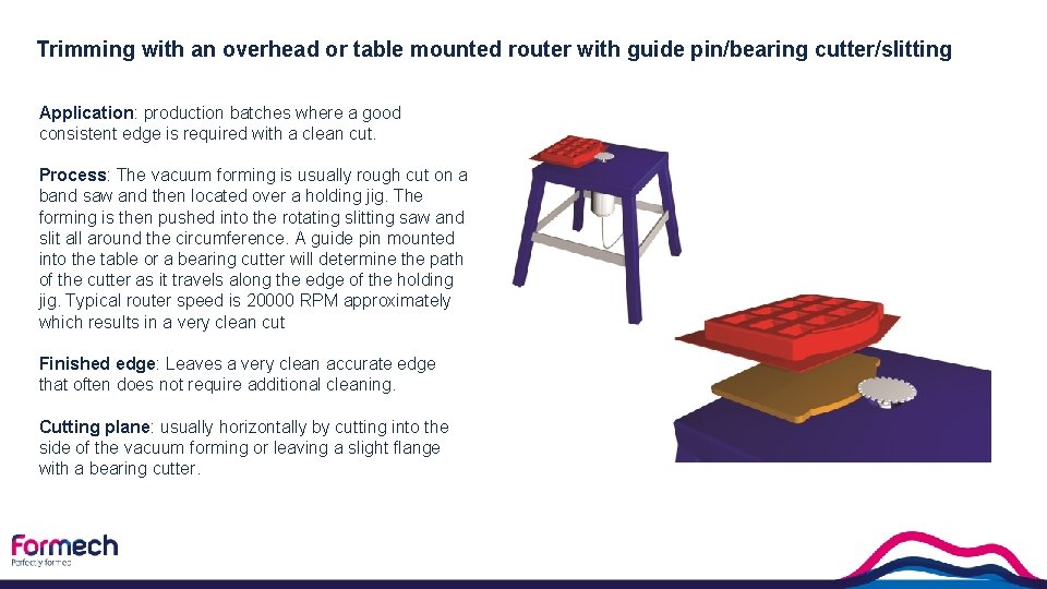 Trimming with an overhead or table mounted router with guide pin/bearing cutter/slitting Application: production
