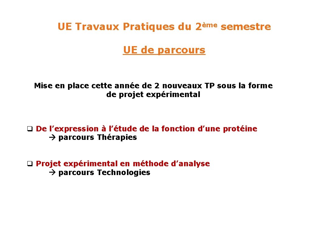 UE Travaux Pratiques du 2ème semestre UE de parcours Mise en place cette année