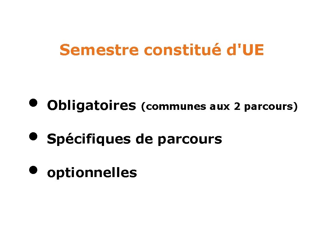 Semestre constitué d'UE • • • Obligatoires (communes aux 2 parcours) Spécifiques de parcours