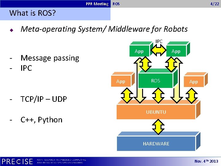 PPR Meeting ROS 4/22 What is ROS? u Meta-operating System/ Middleware for Robots IPC