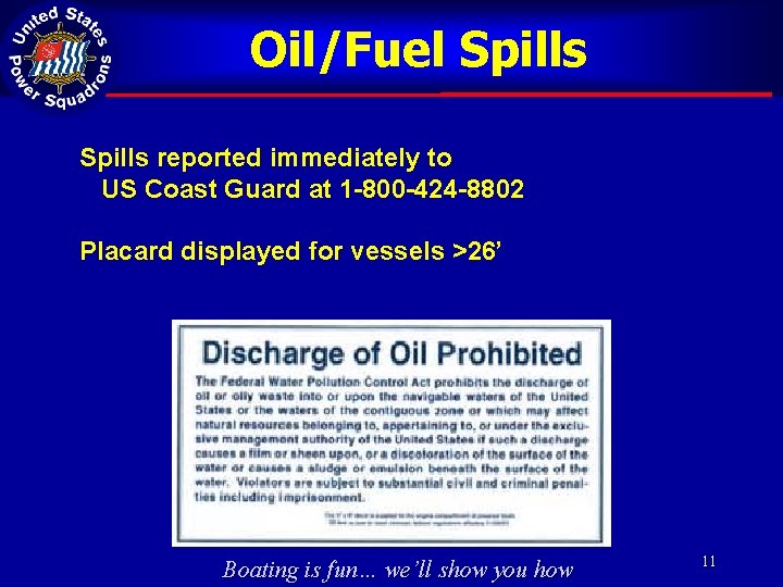 Oil/Fuel Spills reported immediately to US Coast Guard at 1 -800 -424 -8802 Placard