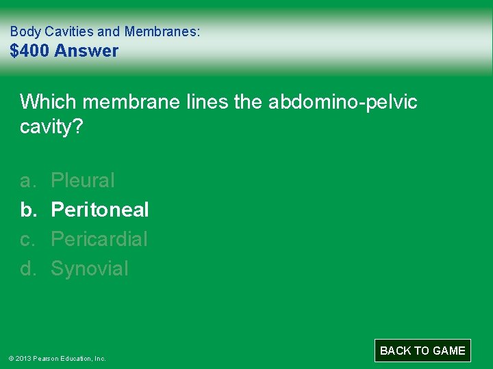 Body Cavities and Membranes: $400 Answer Which membrane lines the abdomino-pelvic cavity? a. b.