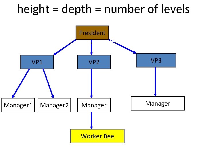 height = depth = number of levels President Level 1 Level 2 VP 1
