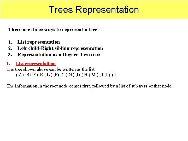 Trees Representation There are three ways to represent a tree 1. 2. 3. List