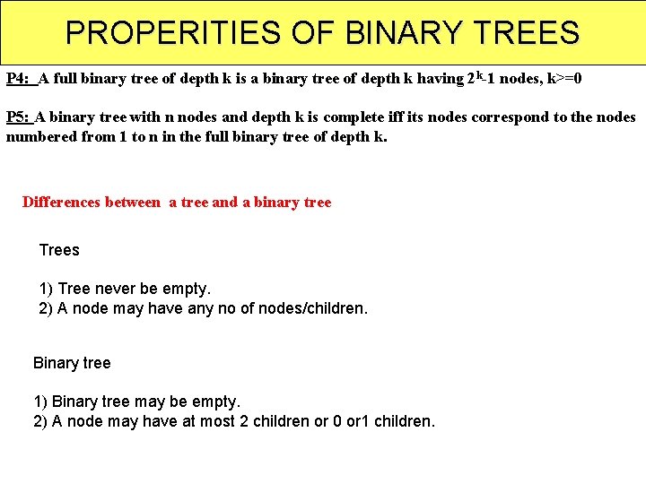 PROPERITIES OF BINARY TREES P 4: A full binary tree of depth k is