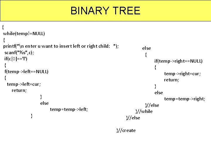 BINARY TREE { while(temp!=NULL) { printf("n enter u want to insert left or right