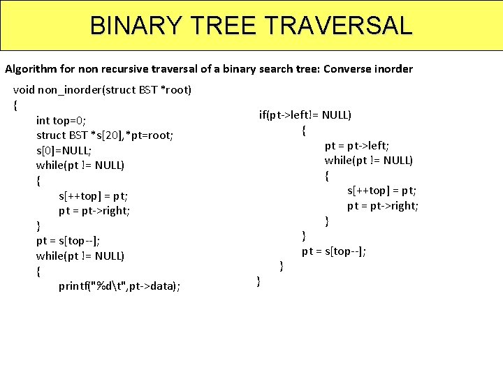 BINARY TREE TRAVERSAL Algorithm for non recursive traversal of a binary search tree: Converse