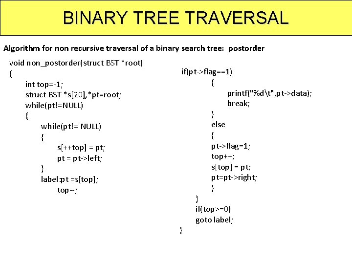 BINARY TREE TRAVERSAL Algorithm for non recursive traversal of a binary search tree: postorder